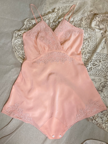 Vintage 1930's Teddy Chemise - Hand Stitched Blush Pink Silk with Raised Floral Embroidery by HWA Sun | XS