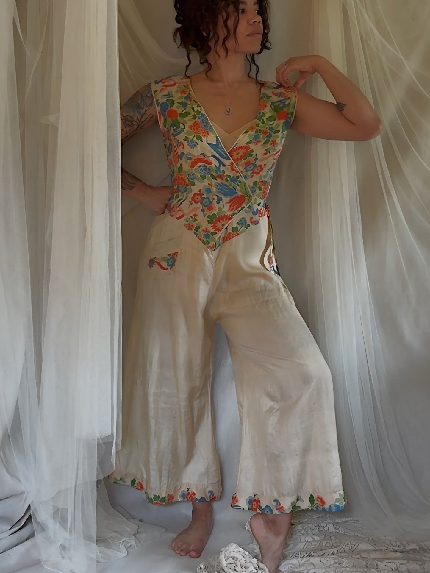 Antique 1920's Jumpsuit & Robe Lounge Set - Raw Pongee Silk with Jewel Tone Print, Made in Japan | S, M, LG