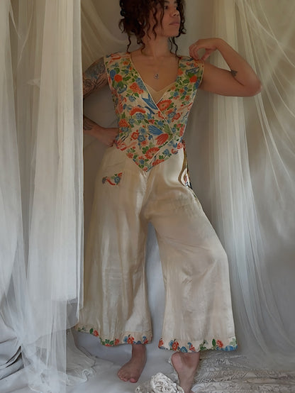 Antique 1920's Jumpsuit & Robe Lounge Set - Raw Pongee Silk with Jewel Tone Print, Made in Japan | S, M, LG