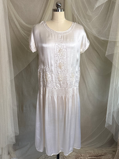 Antique 1920's Dress - Pearl White Rayon Celanese Satin with Heavy Beadwork | XS, S