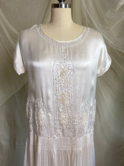 Antique 1920's Dress - Pearl White Rayon Celanese Satin with Heavy Beadwork | XS, S