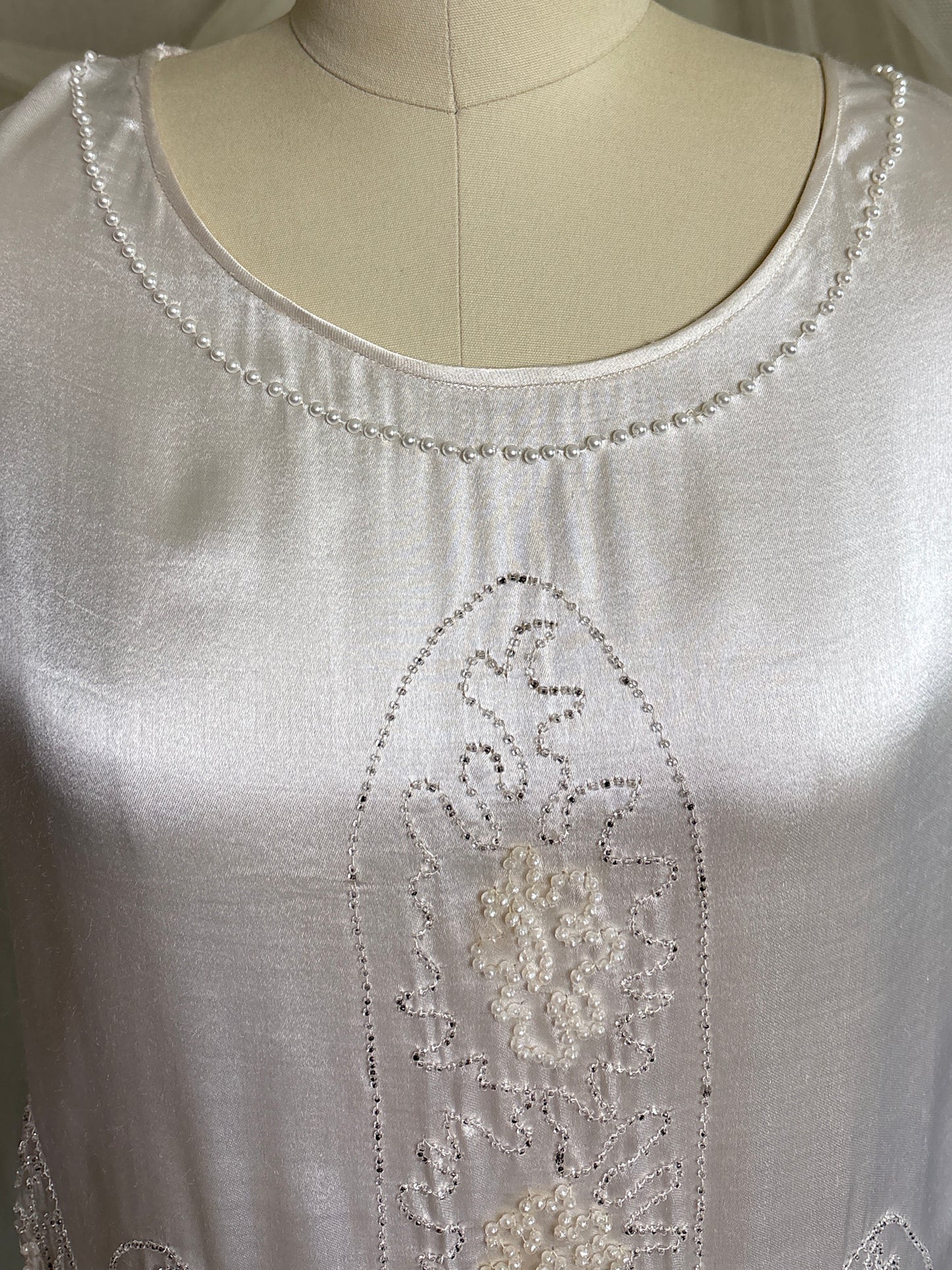 Antique 1920's Dress - Pearl White Rayon Celanese Satin with Heavy Beadwork | XS, S