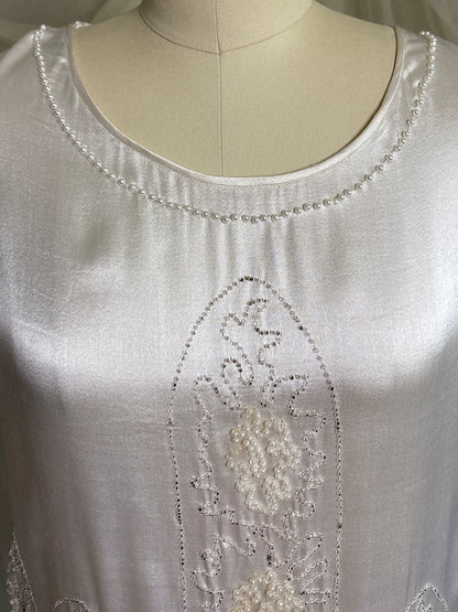Antique 1920's Dress - Pearl White Rayon Celanese Satin with Heavy Beadwork | XS, S