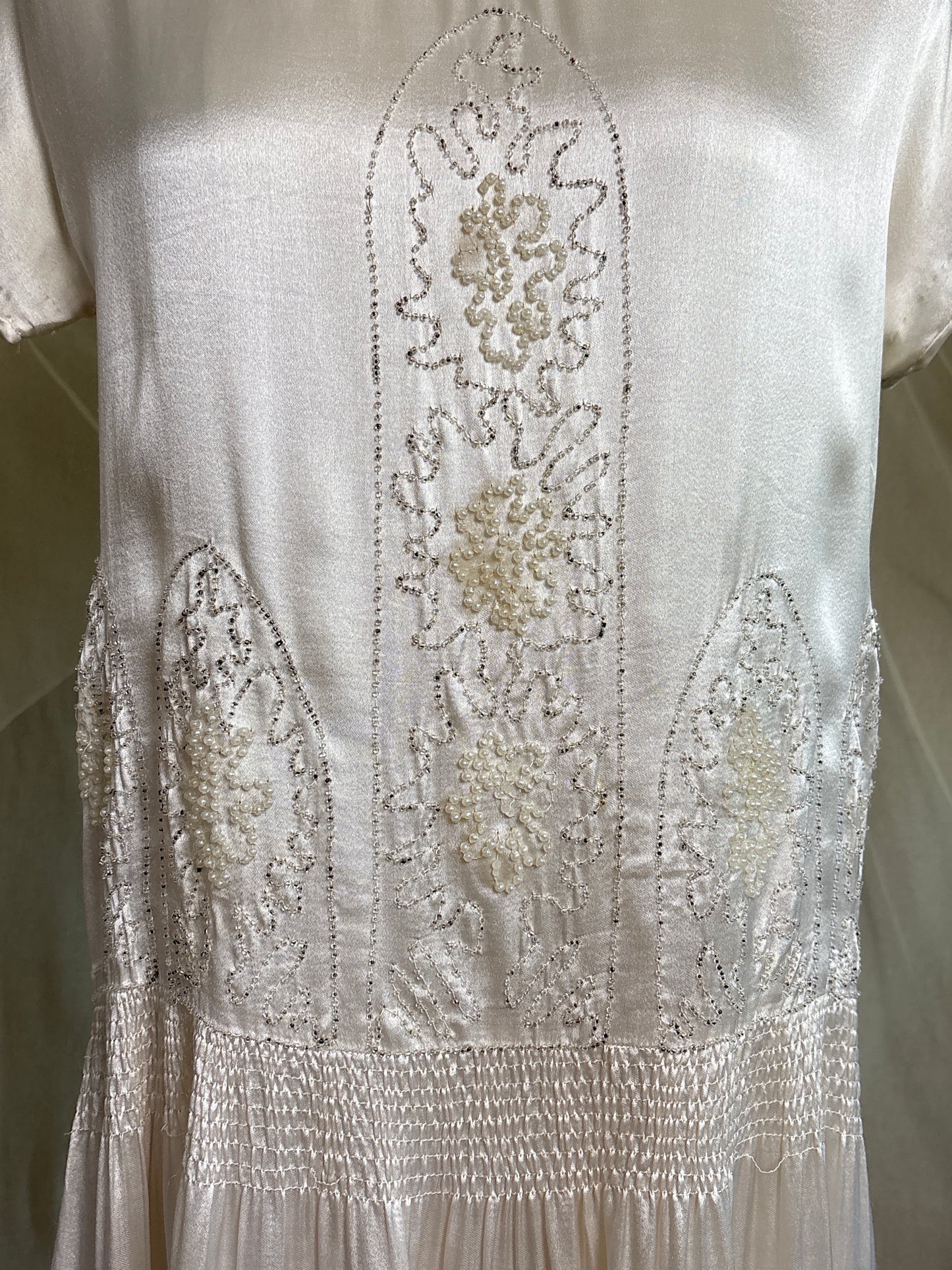 Antique 1920's Dress - Pearl White Rayon Celanese Satin with Heavy Beadwork | XS, S