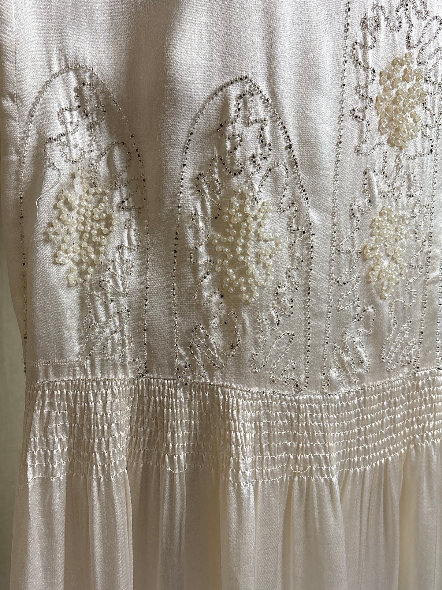 Antique 1920's Dress - Pearl White Rayon Celanese Satin with Heavy Beadwork | XS, S