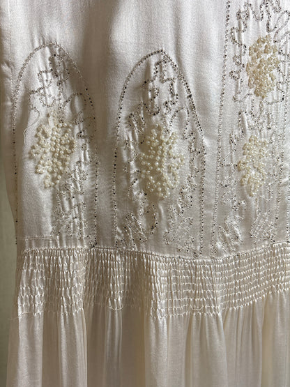 Antique 1920's Dress - Pearl White Rayon Celanese Satin with Heavy Beadwork | XS, S