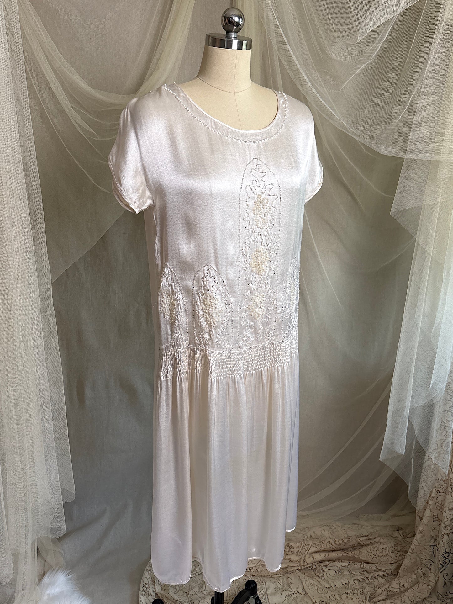 Antique 1920's Dress - Pearl White Rayon Celanese Satin with Heavy Beadwork | XS, S