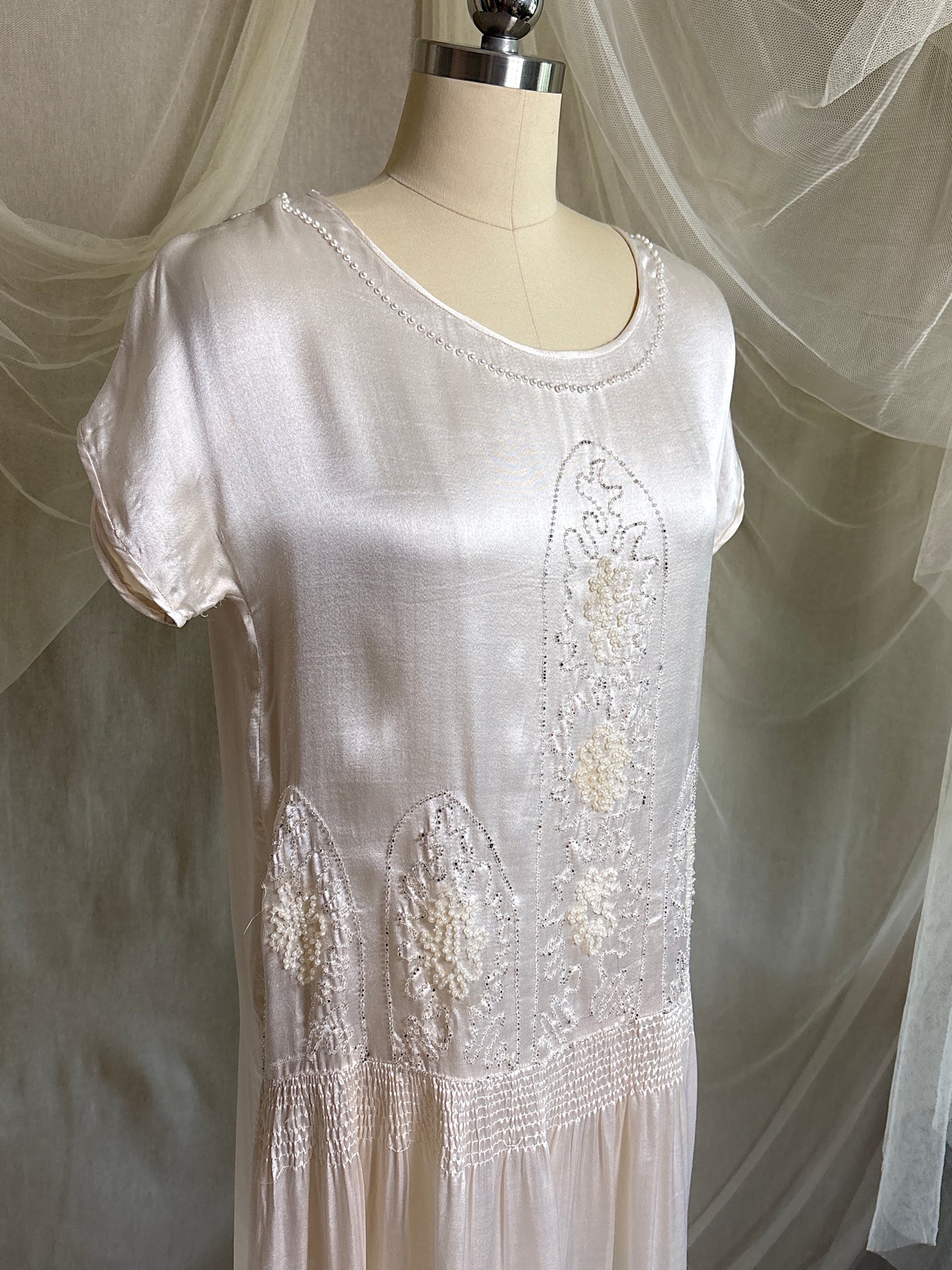 Antique 1920's Dress - Pearl White Rayon Celanese Satin with Heavy Beadwork | XS, S