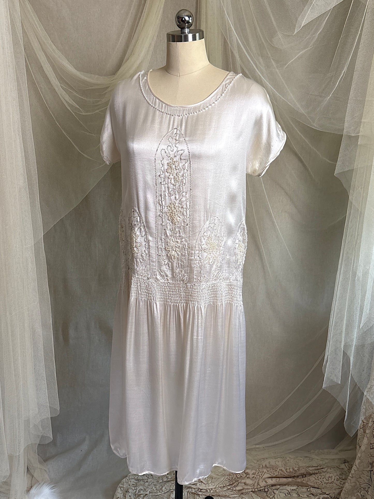 Antique 1920's Dress - Pearl White Rayon Celanese Satin with Heavy Beadwork | XS, S