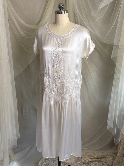 Antique 1920's Dress - Pearl White Rayon Celanese Satin with Heavy Beadwork | XS, S