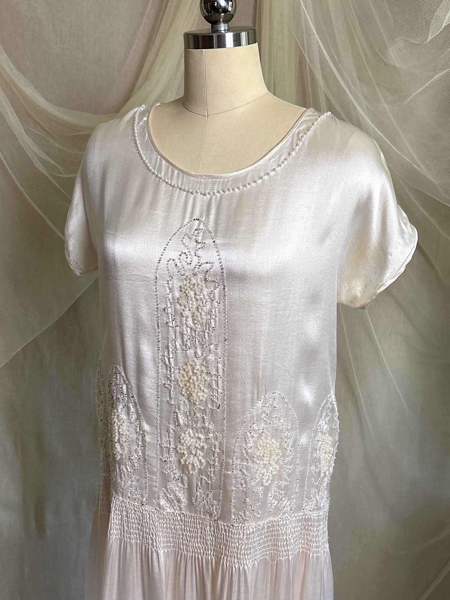 Antique 1920's Dress - Pearl White Rayon Celanese Satin with Heavy Beadwork | XS, S