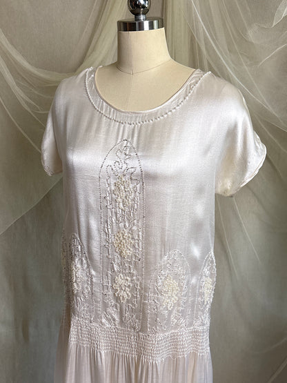 Antique 1920's Dress - Pearl White Rayon Celanese Satin with Heavy Beadwork | XS, S
