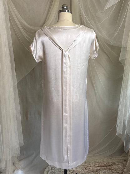 Antique 1920's Dress - Pearl White Rayon Celanese Satin with Heavy Beadwork | XS, S