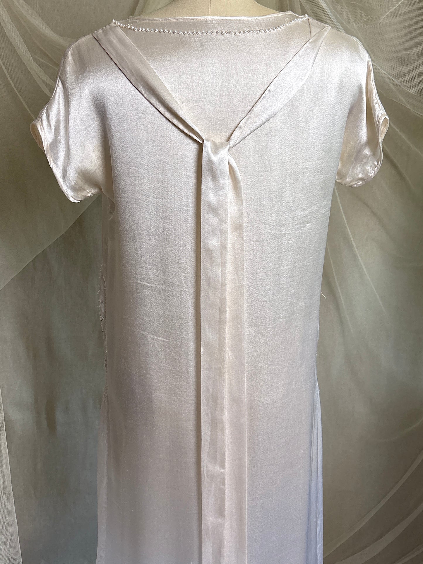 Antique 1920's Dress - Pearl White Rayon Celanese Satin with Heavy Beadwork | XS, S
