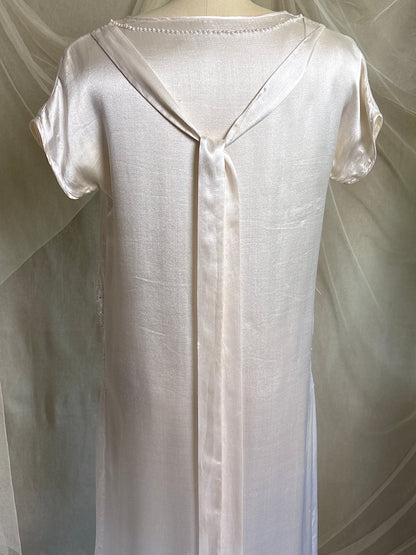 Antique 1920's Dress - Pearl White Rayon Celanese Satin with Heavy Beadwork | XS, S