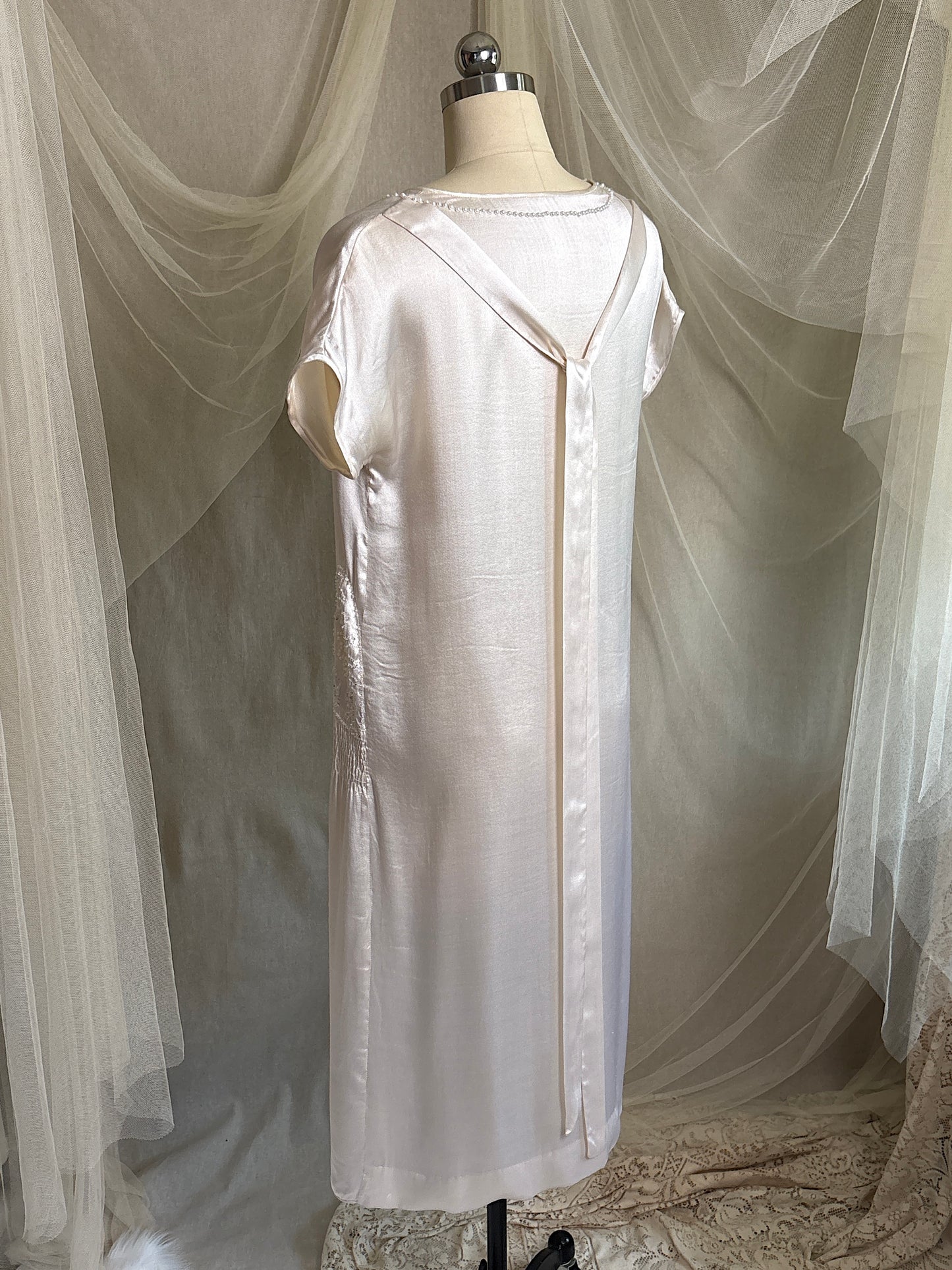 Antique 1920's Dress - Pearl White Rayon Celanese Satin with Heavy Beadwork | XS, S