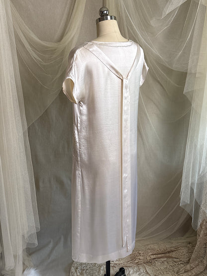 Antique 1920's Dress - Pearl White Rayon Celanese Satin with Heavy Beadwork | XS, S