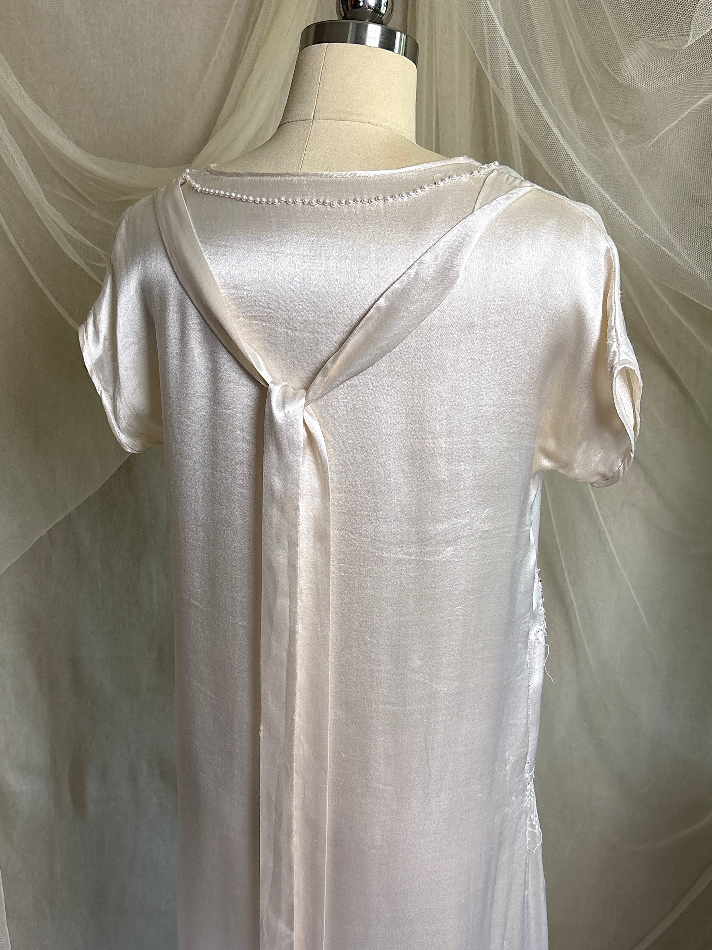 Antique 1920's Dress - Pearl White Rayon Celanese Satin with Heavy Beadwork | XS, S