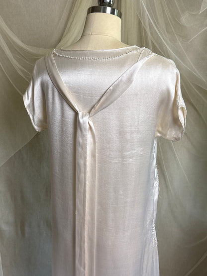 Antique 1920's Dress - Pearl White Rayon Celanese Satin with Heavy Beadwork | XS, S