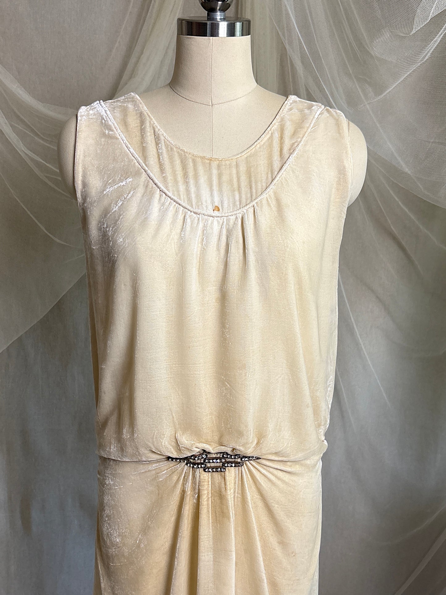 Antique 1920's Dress - Warm Ivory Silk Velvet with Rhinestone Embellishment & Sash Neckline | XS