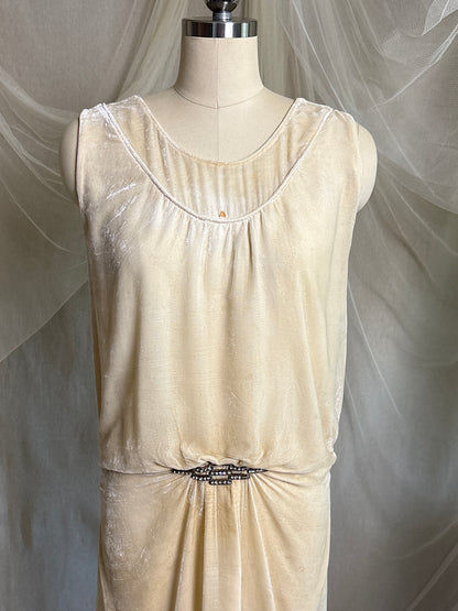 Antique 1920's Dress - Warm Ivory Silk Velvet with Rhinestone Embellishment & Sash Neckline | XS