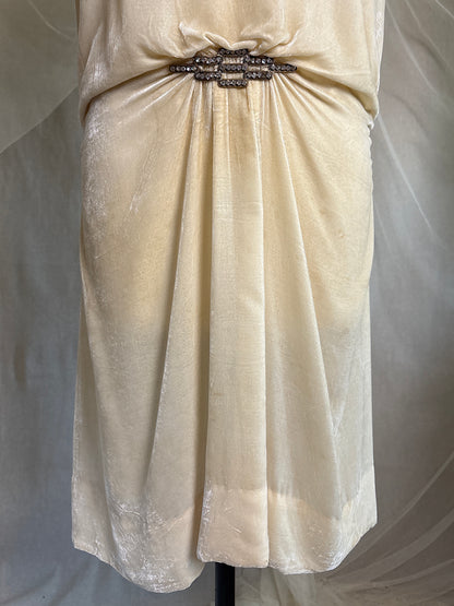 Antique 1920's Dress - Warm Ivory Silk Velvet with Rhinestone Embellishment & Sash Neckline | XS