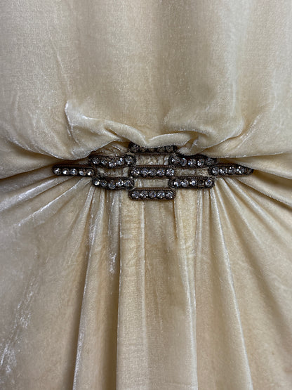 Antique 1920's Dress - Warm Ivory Silk Velvet with Rhinestone Embellishment & Sash Neckline | XS