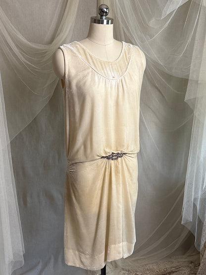 Antique 1920's Dress - Warm Ivory Silk Velvet with Rhinestone Embellishment & Sash Neckline | XS