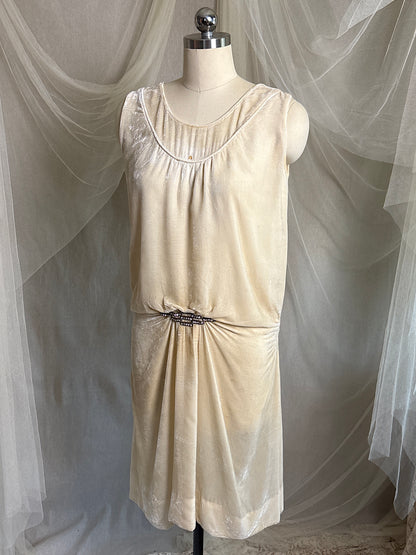 Antique 1920's Dress - Warm Ivory Silk Velvet with Rhinestone Embellishment & Sash Neckline | XS