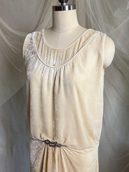 Antique 1920's Dress - Warm Ivory Silk Velvet with Rhinestone Embellishment & Sash Neckline | XS