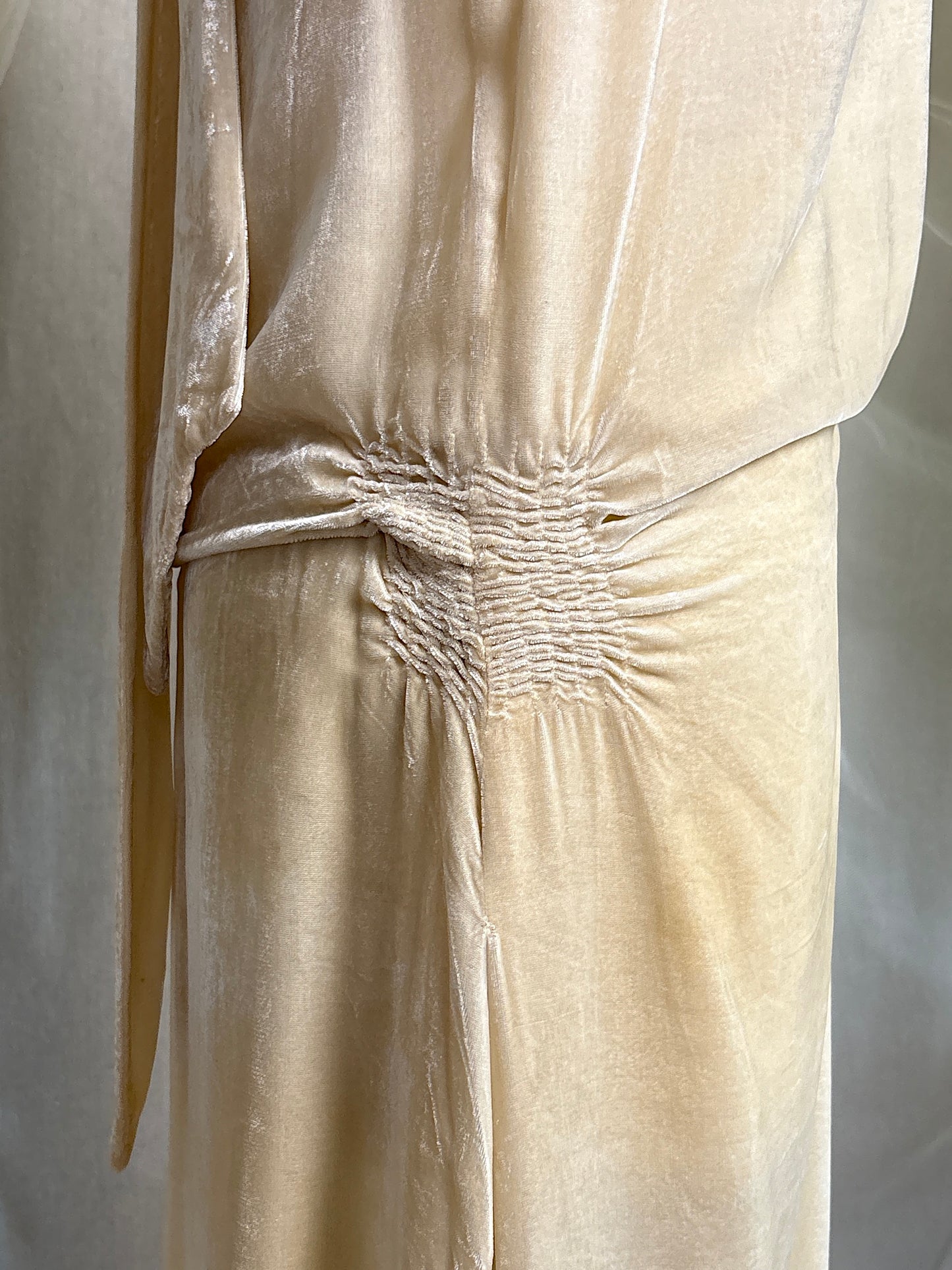 Antique 1920's Dress - Warm Ivory Silk Velvet with Rhinestone Embellishment & Sash Neckline | XS