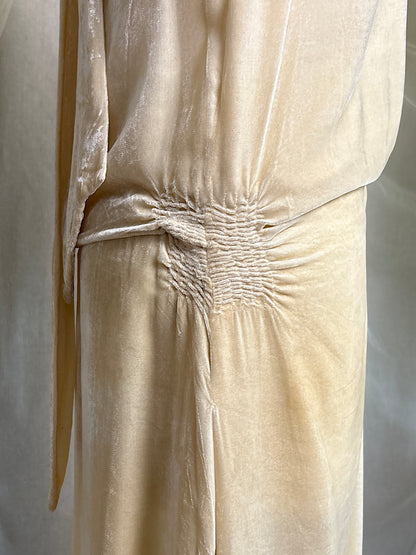 Antique 1920's Dress - Warm Ivory Silk Velvet with Rhinestone Embellishment & Sash Neckline | XS