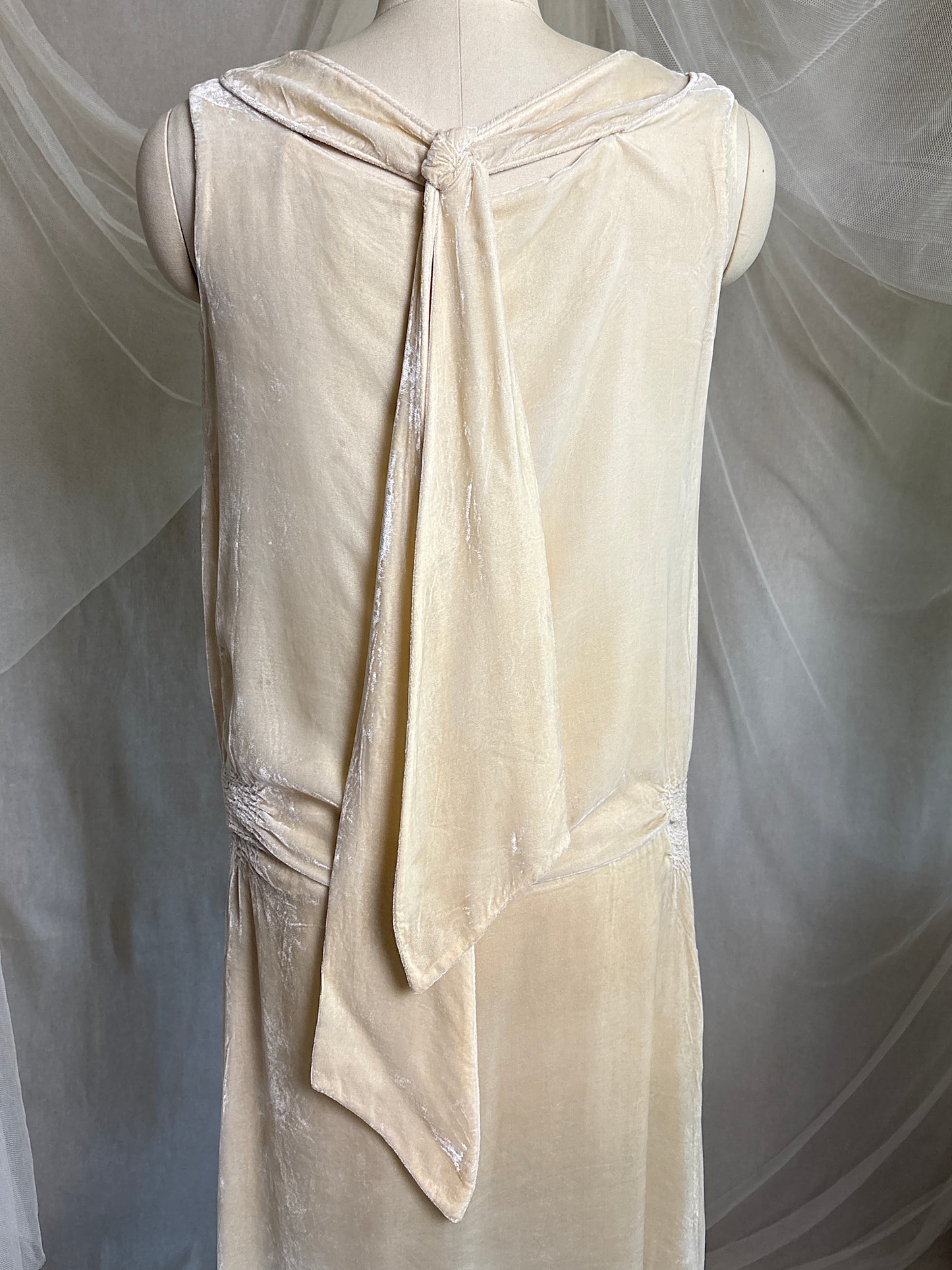 Antique 1920's Dress - Warm Ivory Silk Velvet with Rhinestone Embellishment & Sash Neckline | XS