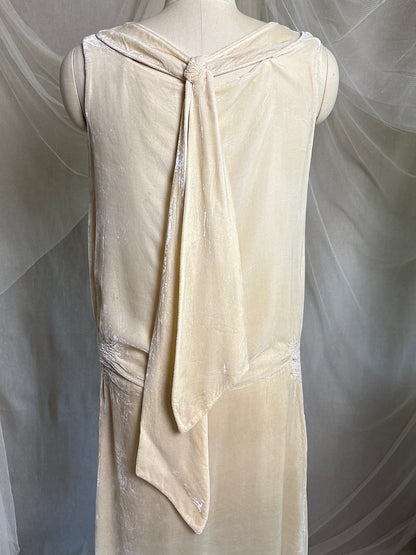 Antique 1920's Dress - Warm Ivory Silk Velvet with Rhinestone Embellishment & Sash Neckline | XS