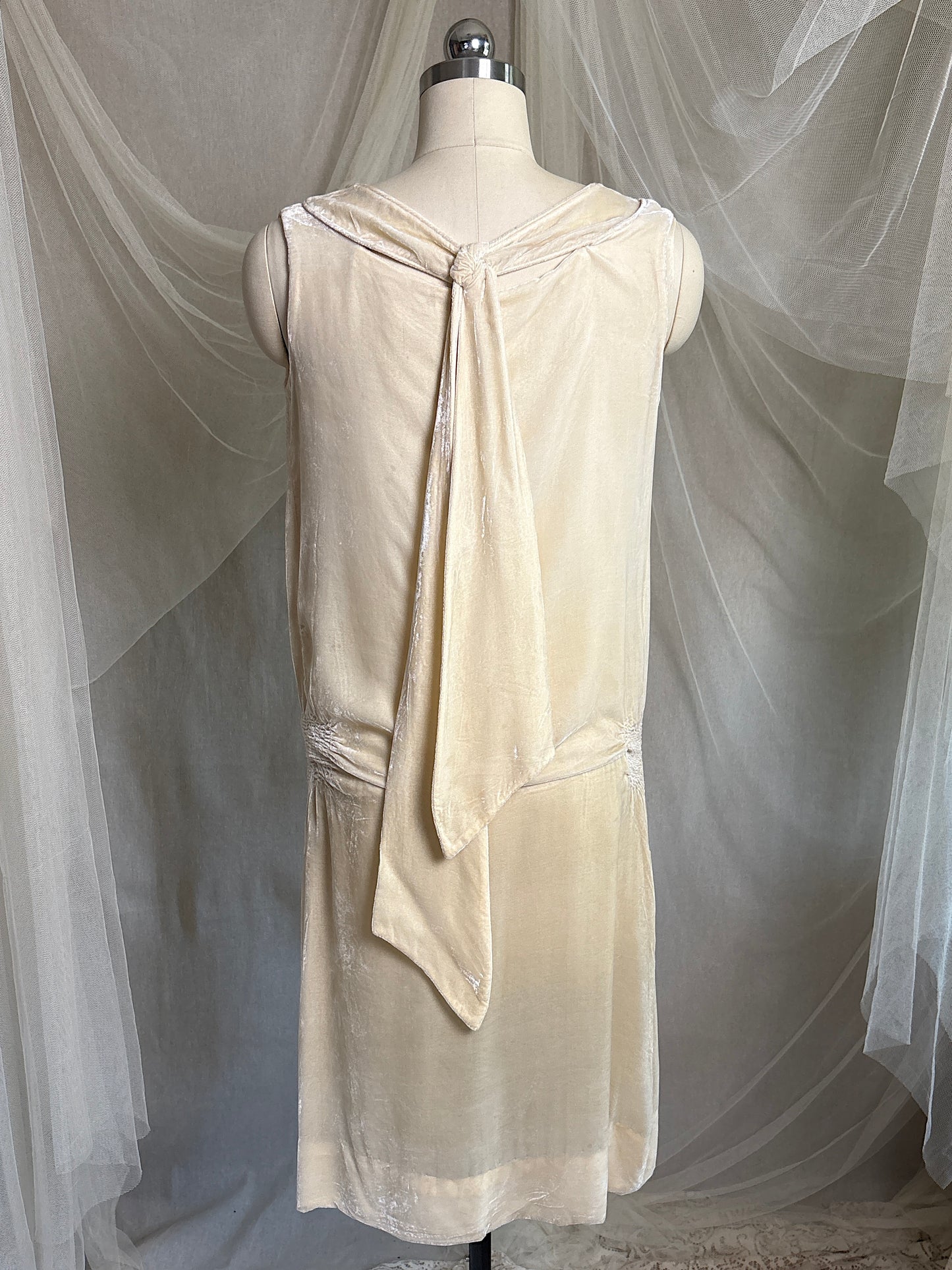 Antique 1920's Dress - Warm Ivory Silk Velvet with Rhinestone Embellishment & Sash Neckline | XS