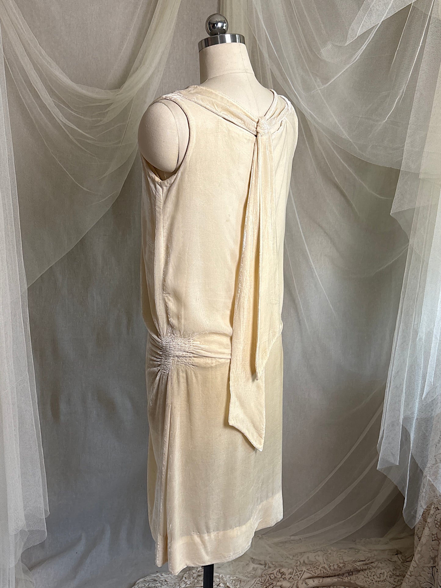 Antique 1920's Dress - Warm Ivory Silk Velvet with Rhinestone Embellishment & Sash Neckline | XS