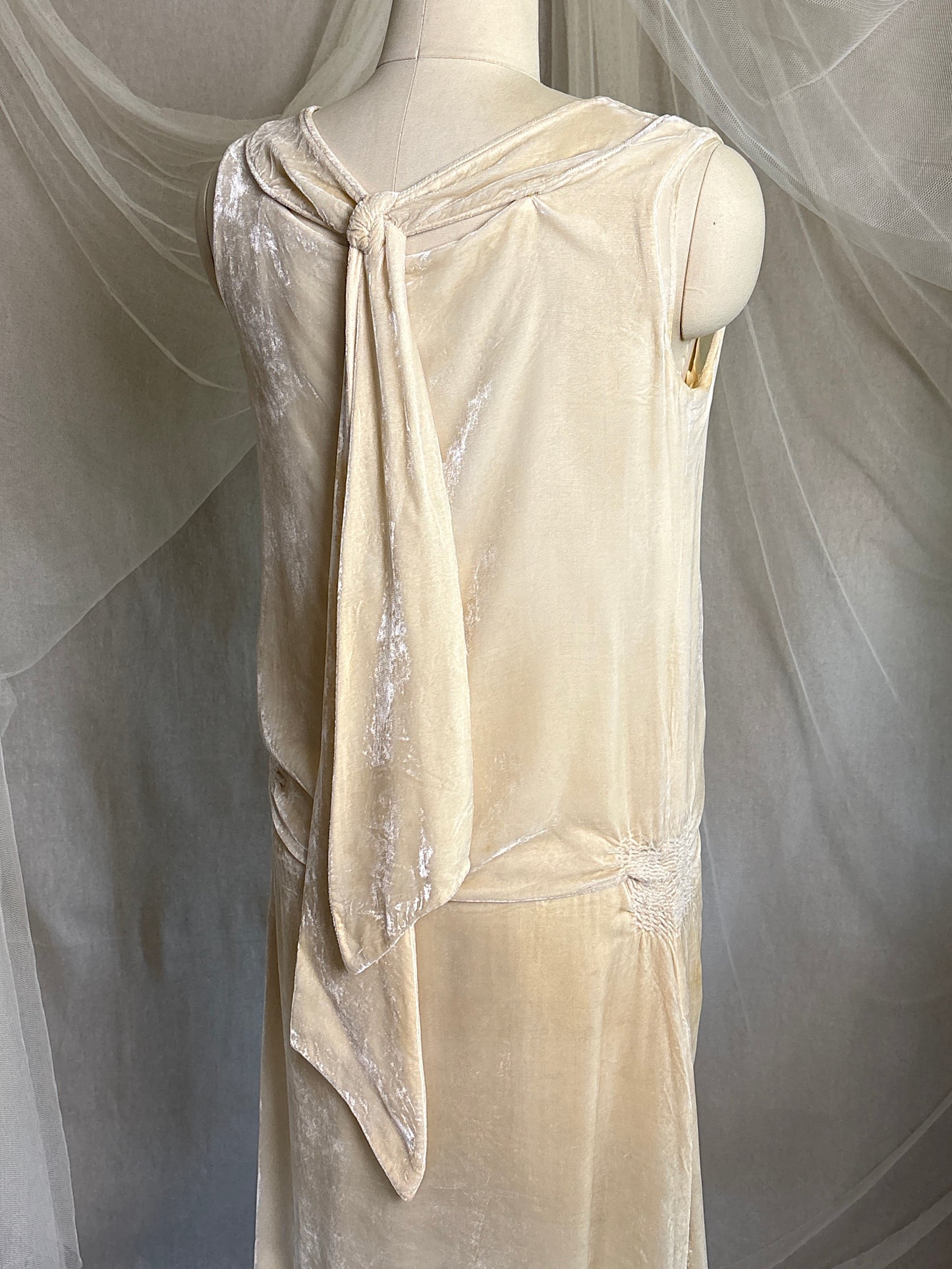 Antique 1920's Dress - Warm Ivory Silk Velvet with Rhinestone Embellishment & Sash Neckline | XS