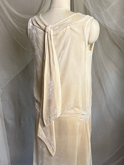 Antique 1920's Dress - Warm Ivory Silk Velvet with Rhinestone Embellishment & Sash Neckline | XS