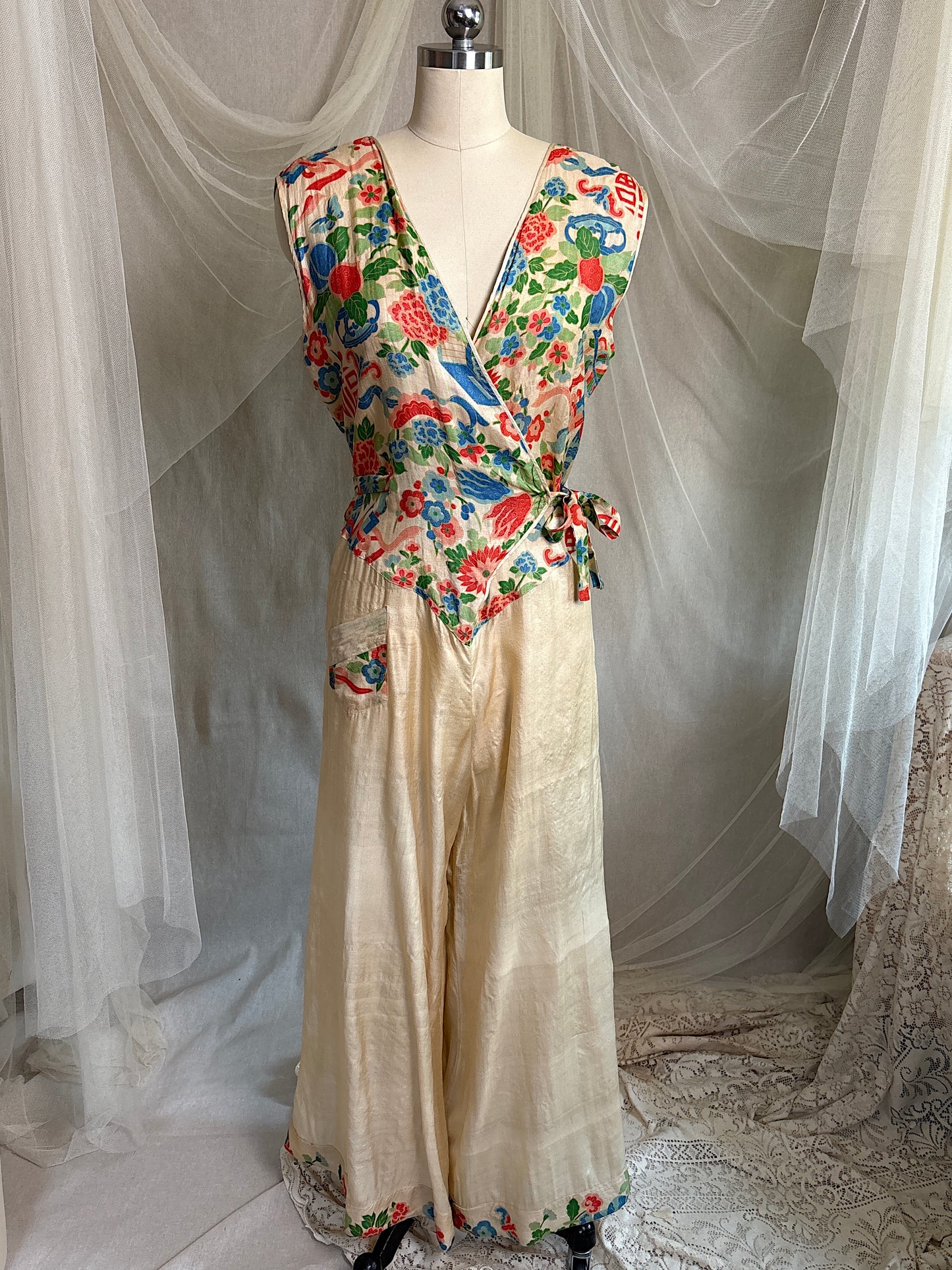 Antique 1920's Jumpsuit & Robe Lounge Set - Raw Pongee Silk with Jewel Tone Print, Made in Japan | S, M, LG