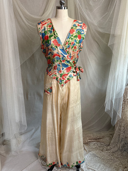 Antique 1920's Jumpsuit & Robe Lounge Set - Raw Pongee Silk with Jewel Tone Print, Made in Japan | S, M, LG