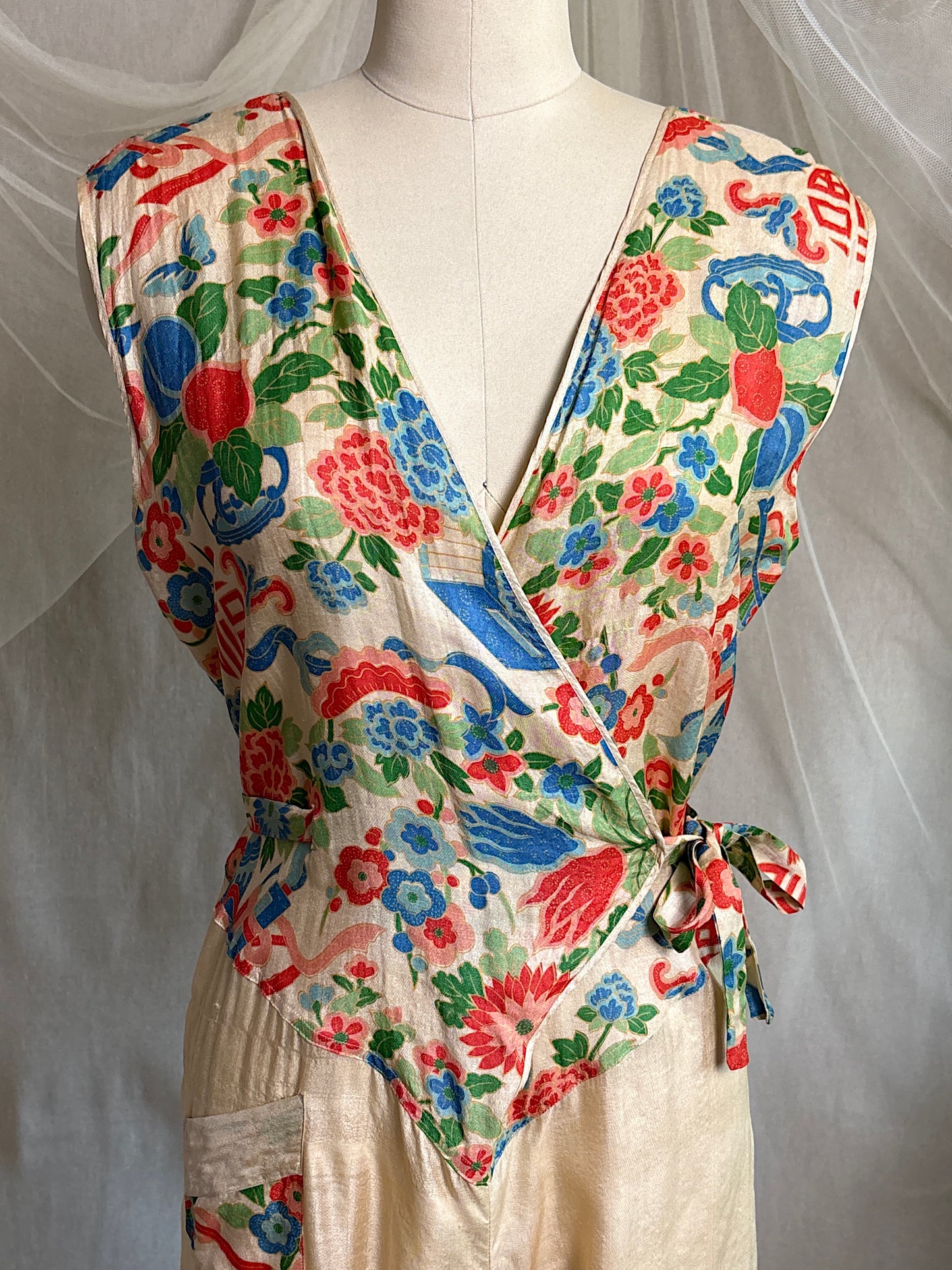 Antique 1920's Jumpsuit & Robe Lounge Set - Raw Pongee Silk with Jewel Tone Print, Made in Japan | S, M, LG