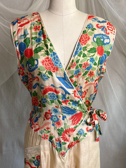 Antique 1920's Jumpsuit & Robe Lounge Set - Raw Pongee Silk with Jewel Tone Print, Made in Japan | S, M, LG
