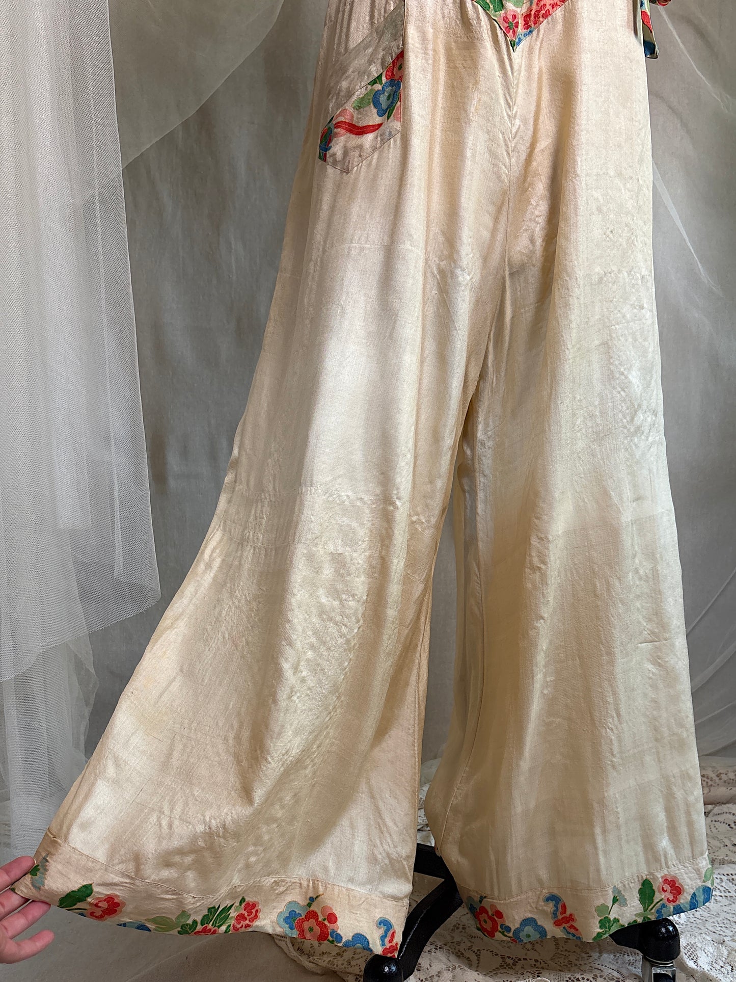 Antique 1920's Jumpsuit & Robe Lounge Set - Raw Pongee Silk with Jewel Tone Print, Made in Japan | S, M, LG