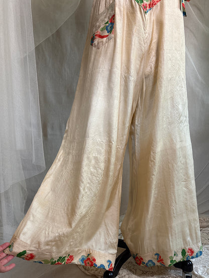 Antique 1920's Jumpsuit & Robe Lounge Set - Raw Pongee Silk with Jewel Tone Print, Made in Japan | S, M, LG
