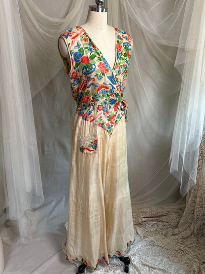 Antique 1920's Jumpsuit & Robe Lounge Set - Raw Pongee Silk with Jewel Tone Print, Made in Japan | S, M, LG