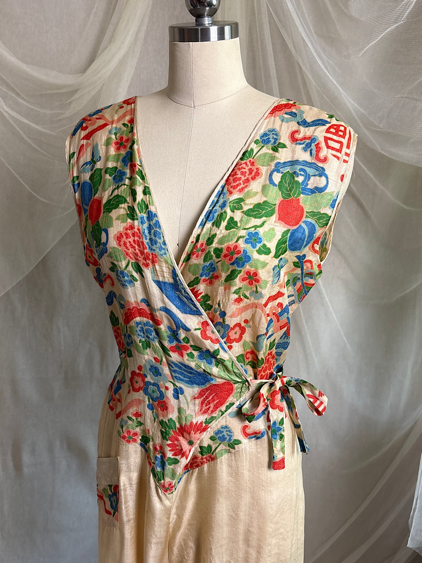 Antique 1920's Jumpsuit & Robe Lounge Set - Raw Pongee Silk with Jewel Tone Print, Made in Japan | S, M, LG