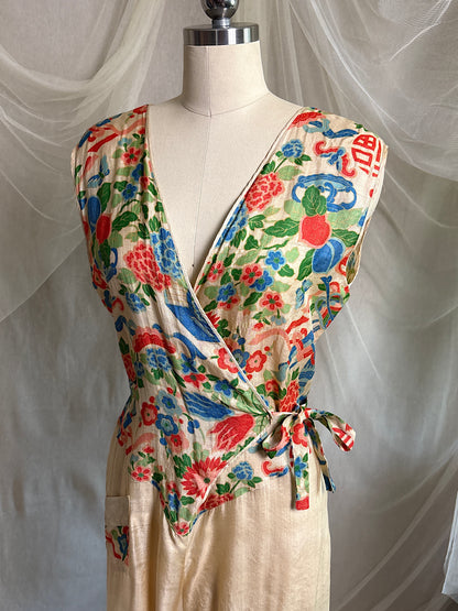 Antique 1920's Jumpsuit & Robe Lounge Set - Raw Pongee Silk with Jewel Tone Print, Made in Japan | S, M, LG