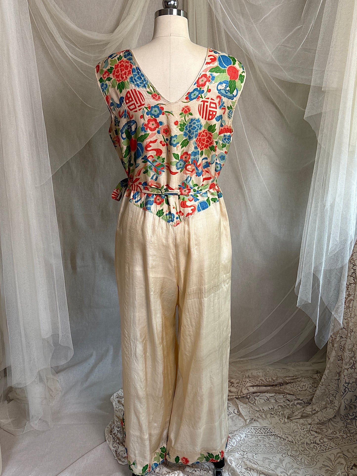 Antique 1920's Jumpsuit & Robe Lounge Set - Raw Pongee Silk with Jewel Tone Print, Made in Japan | S, M, LG