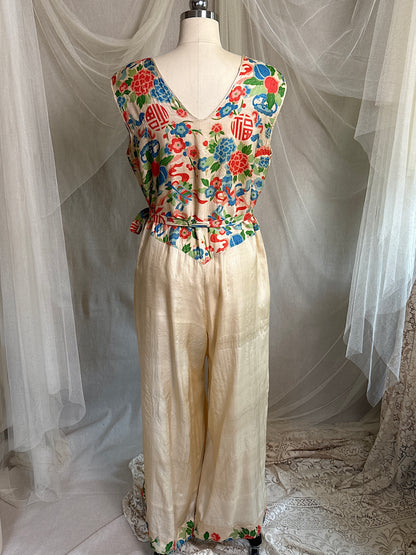 Antique 1920's Jumpsuit & Robe Lounge Set - Raw Pongee Silk with Jewel Tone Print, Made in Japan | S, M, LG