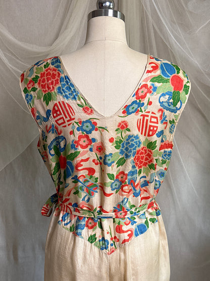 Antique 1920's Jumpsuit & Robe Lounge Set - Raw Pongee Silk with Jewel Tone Print, Made in Japan | S, M, LG